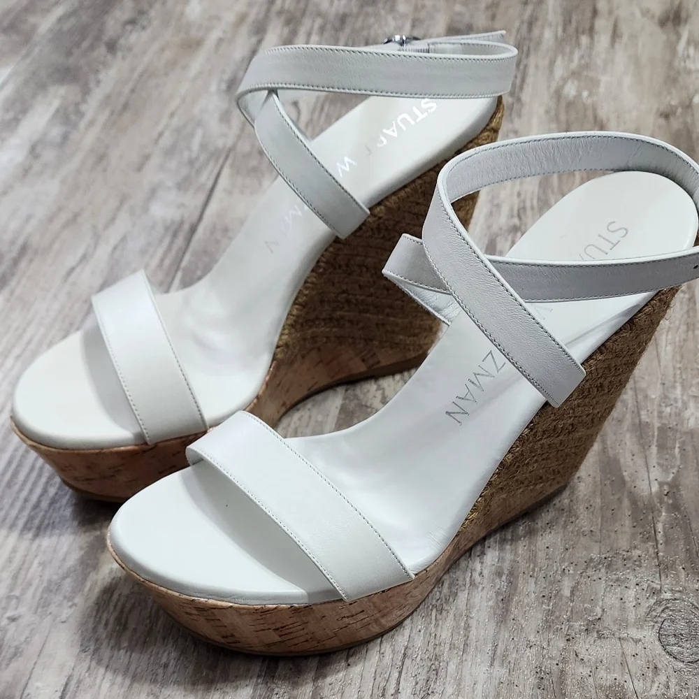 Stuart Weitzman 5050 Wedge Sandal Women's Size 10 White Natural Leather - Picture 6 of 14
